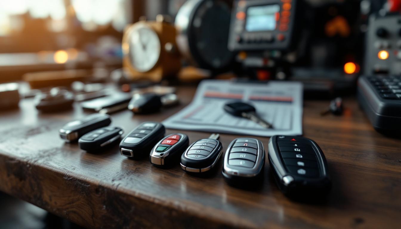 Workshop bench with car key fobs and price comparison chart for Grand Prairie 2026 pricing