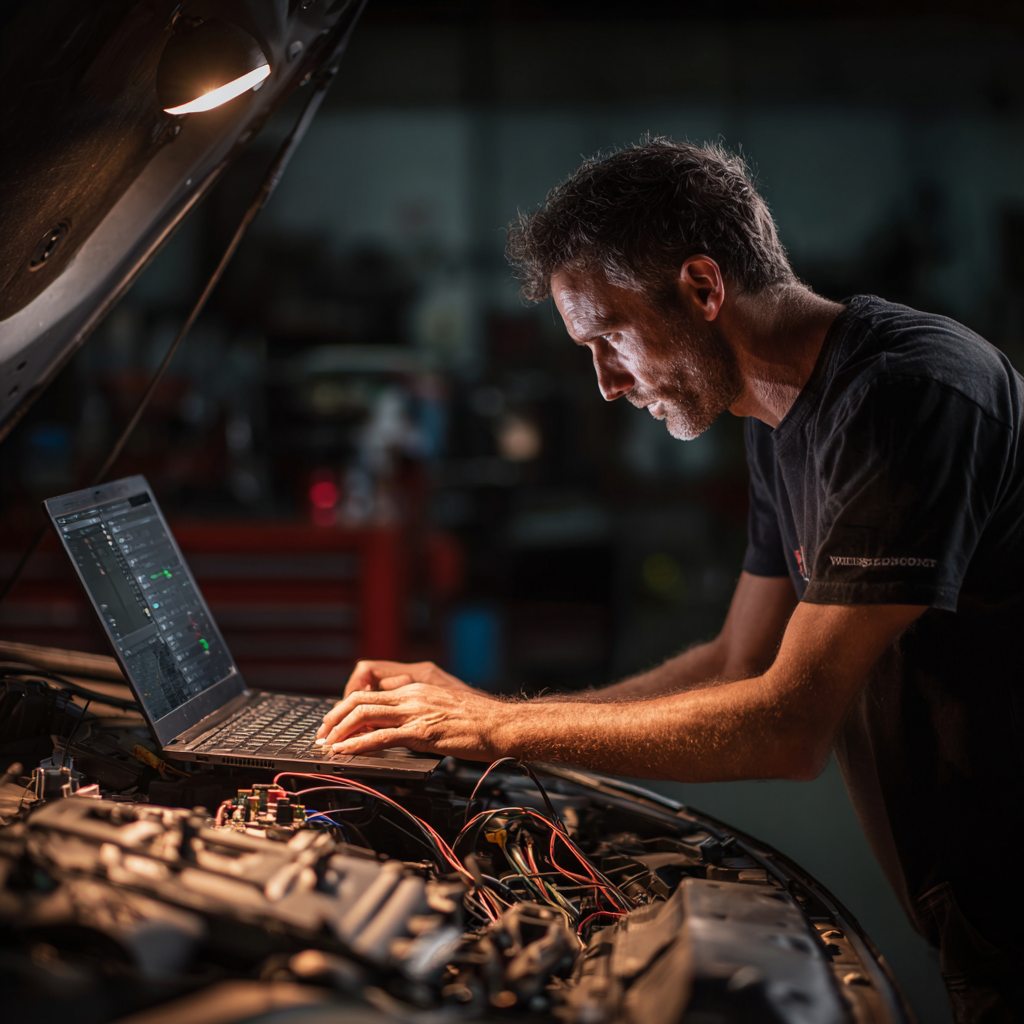 ECU programming by automotive locksmith using laptop on vehicle engine in Grand Prairie, TX