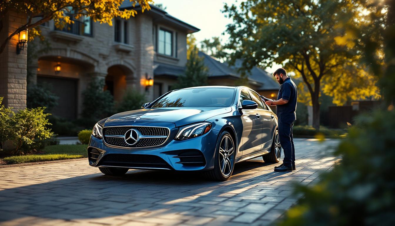 Mobile Mercedes-Benz locksmith specialist performing EIS pairing using AVDI diagnostic equipment in a Grand Prairie driveway