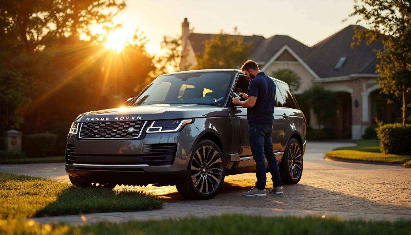 Mobile locksmith programming a Range Rover key with AVDI BCM coding workflow in a Grand Prairie driveway