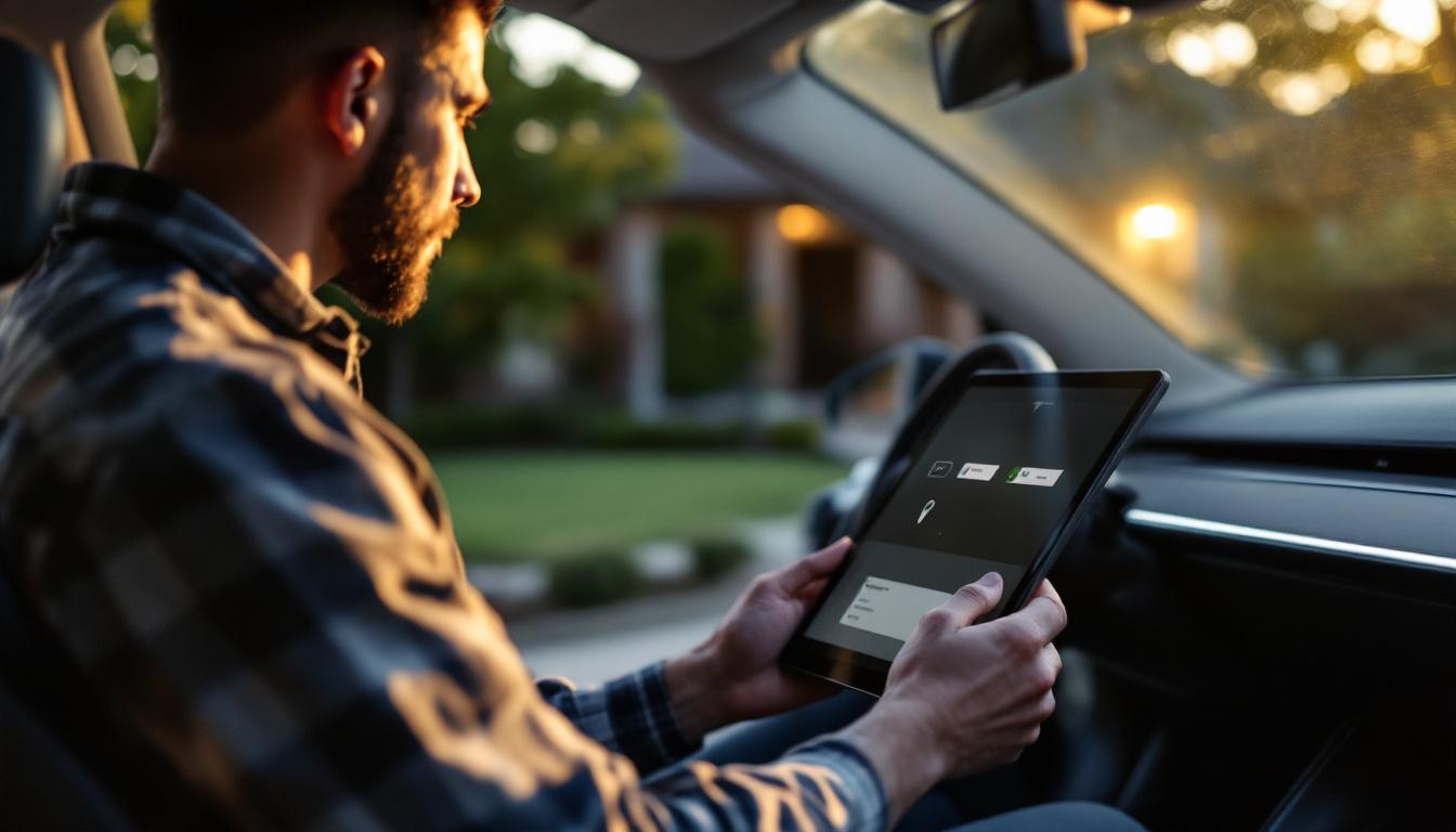 Mobile locksmith pairing a new Tesla key card with the center console reader in a Grand Prairie residential driveway