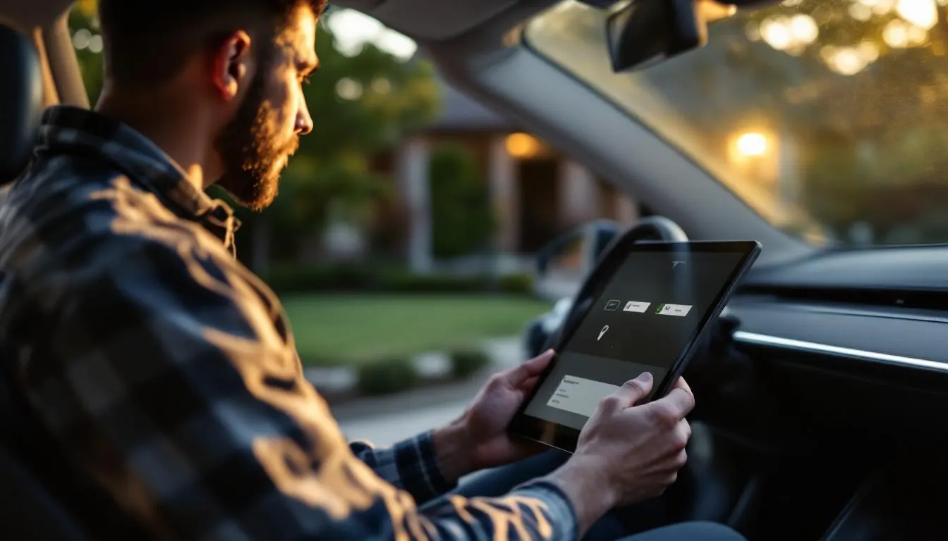 Mobile locksmith pairing a new Tesla key card with the center console reader in a Grand Prairie residential driveway